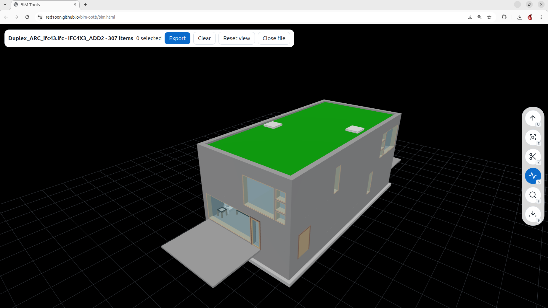 BIM Tools with the Duplex building loaded: file name, schema and item count at the top-left, the tool buttons with their key letters down the right edge, the model standing upright on a ground grid