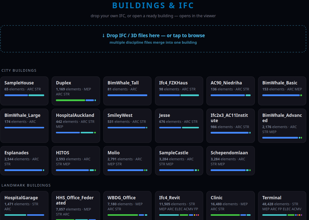 The BUILDINGS & IFC hub — drop a file in the centre zone, or open a ready-made City / Landmark building