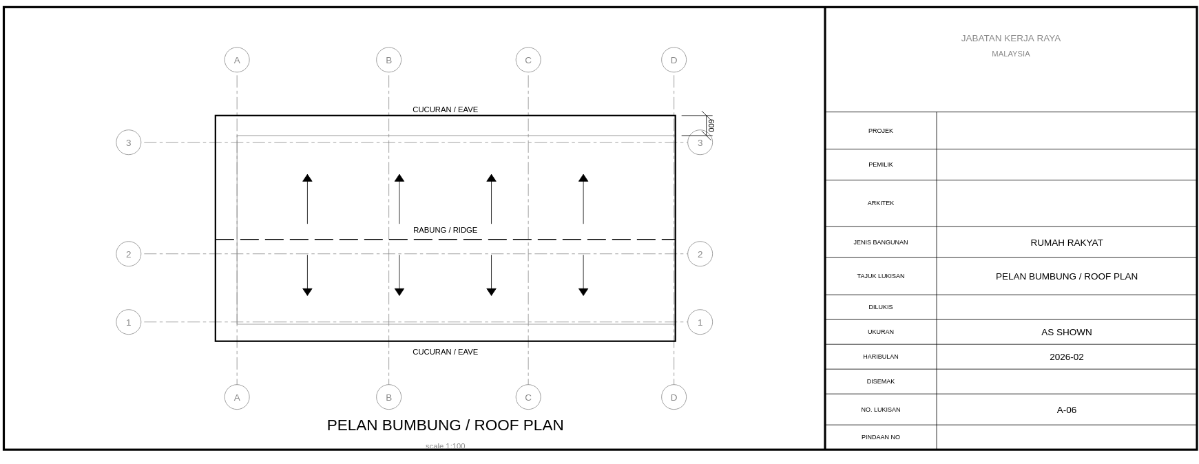 Pelan Bumbung / Roof Plan — ridge lines and slope arrows