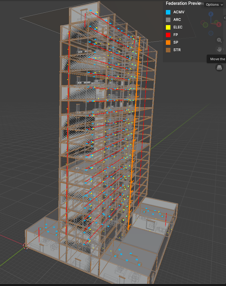 Multi-storey building compiled from BOM — 6 disciplines colour-coded