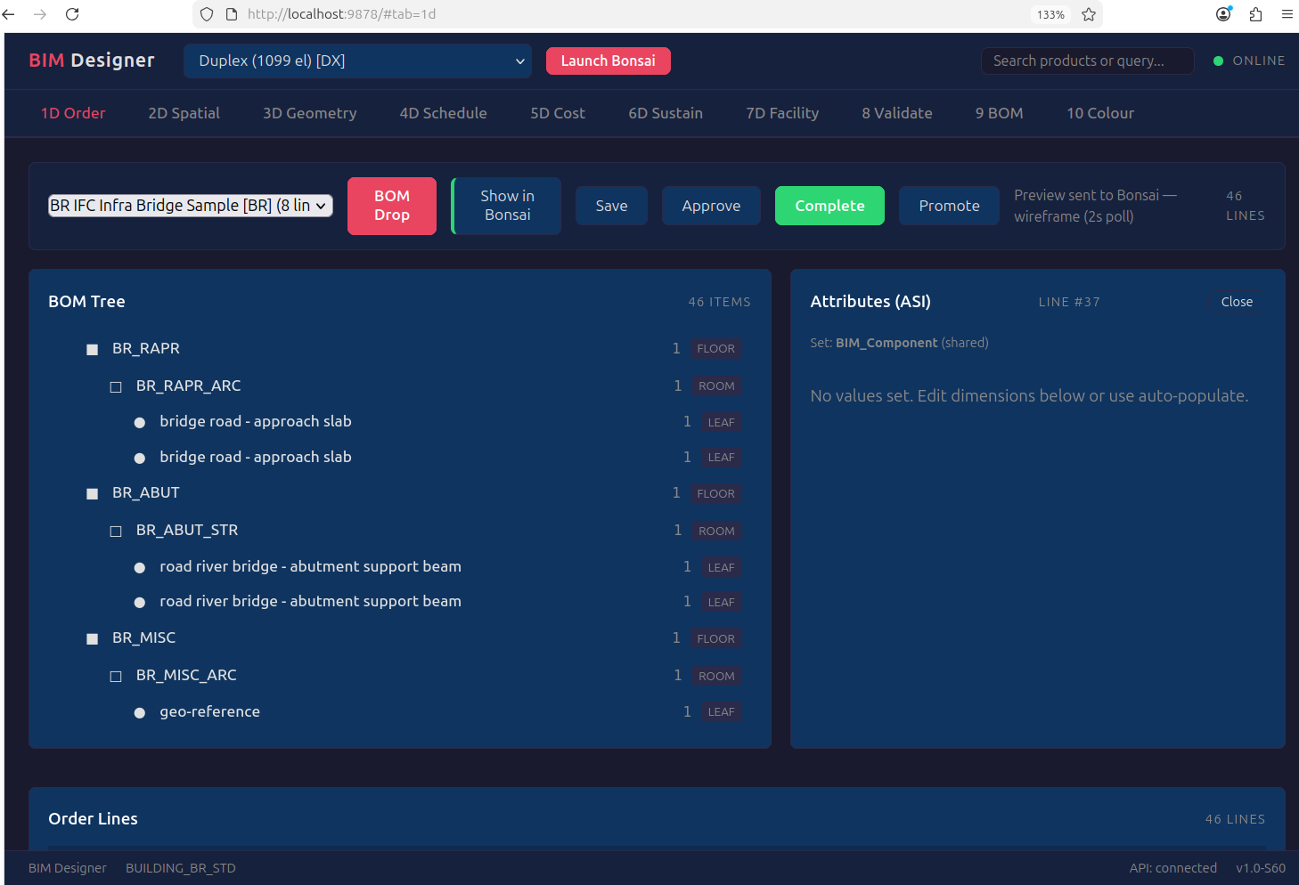 BIM Designer web UI — BOM tree, DocAction buttons, Attributes panel