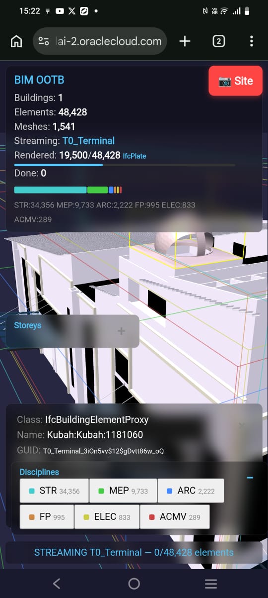 BIM OOTB on mobile — Terminal 48K elements, Site Camera