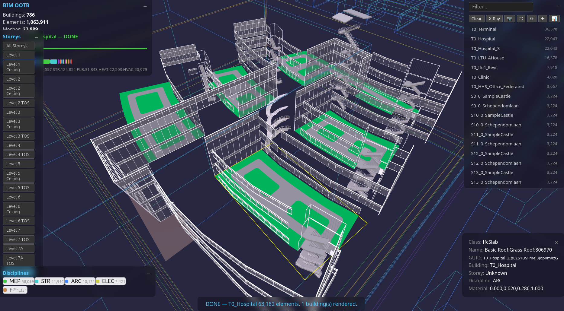 BIM OOTB — Storey filter, discipline toggle, property inspector