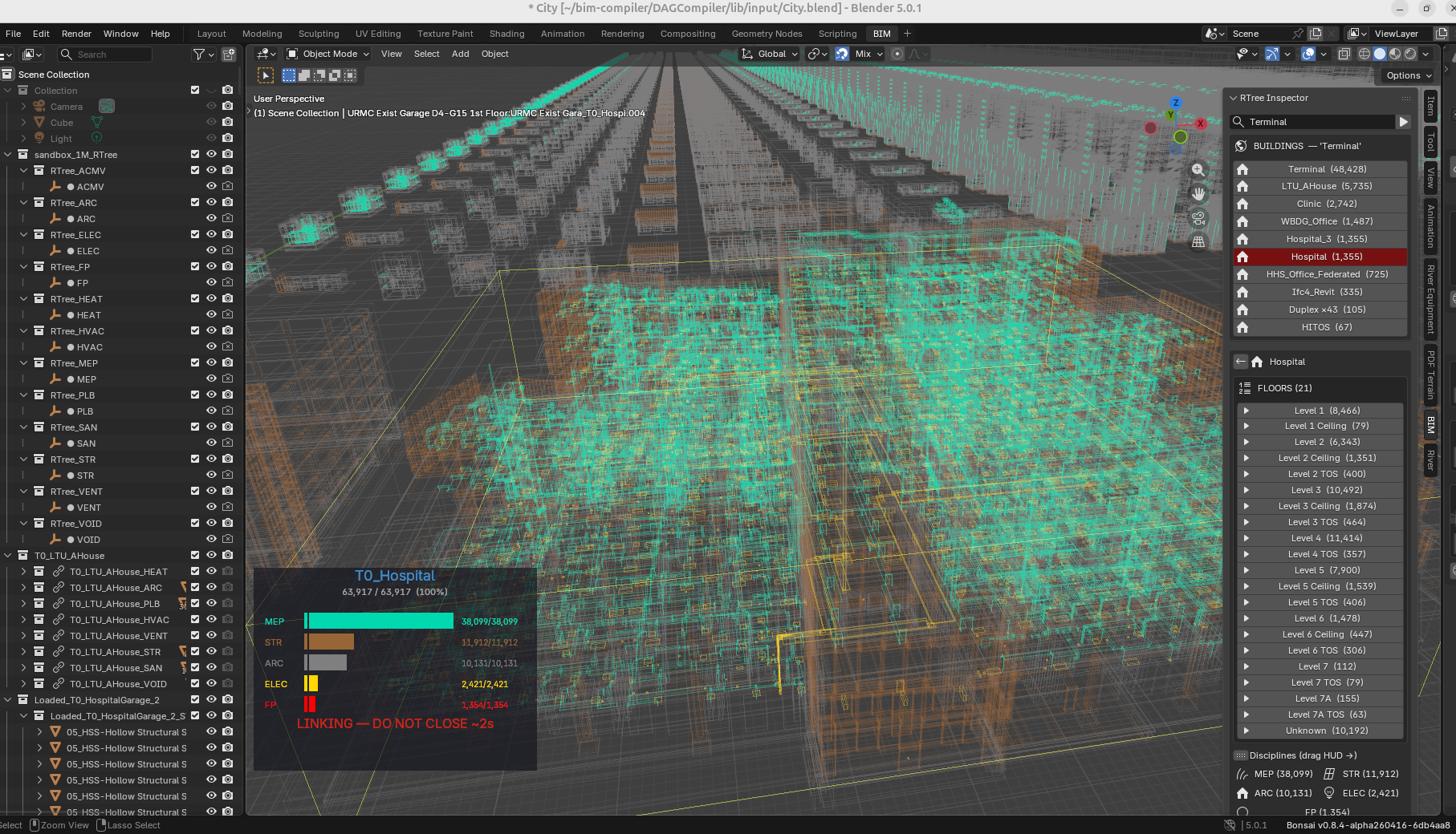 1,061,736 elements — Hospital drilled into, discipline bars, tiled suburb, bake-all in progress