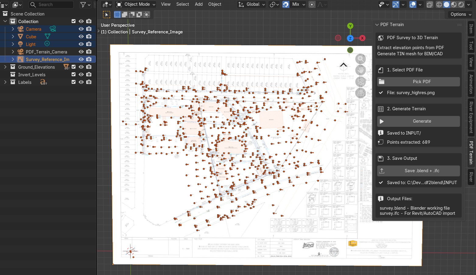 PDF Terrain — 689 elevation points extracted from civil survey, rendered as 3D terrain in Blender