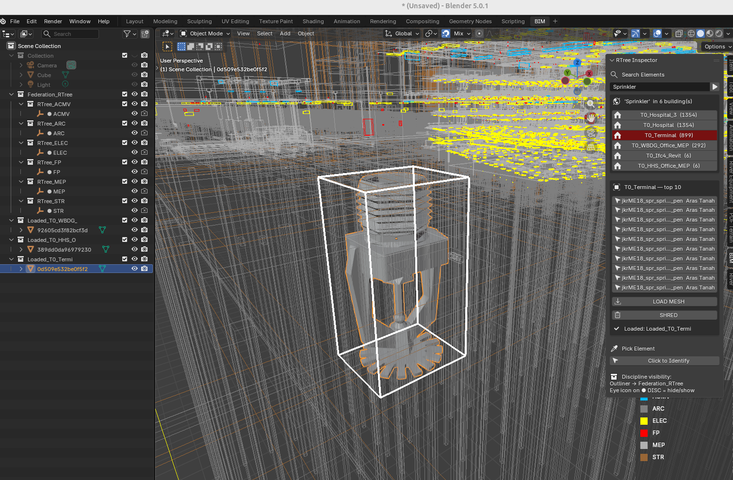 RTree search drill — L1 buildings → L2 highlighted elements → LOD mesh fetch, all within 13s