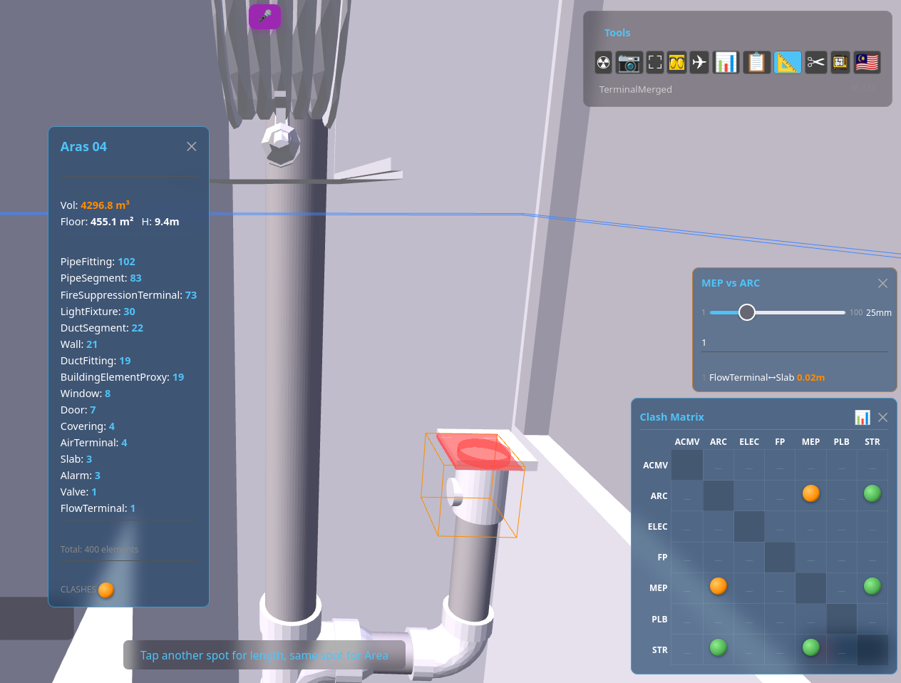 Clash fly-to showing red/blue overlap meshes between pipe and slab