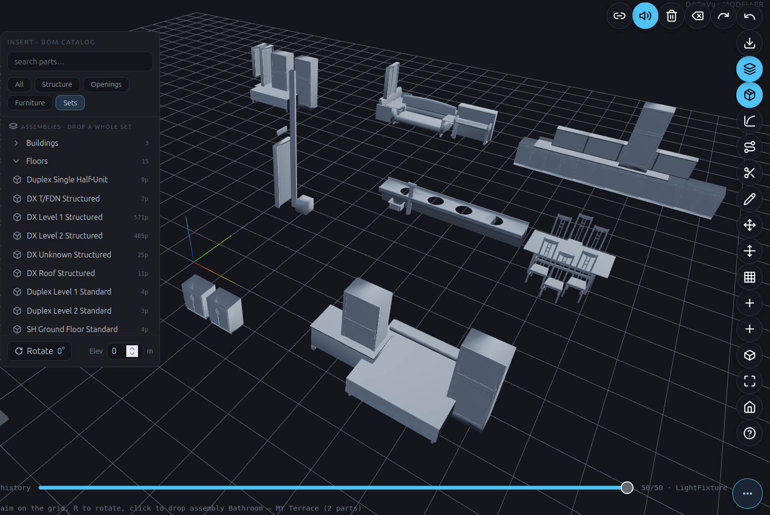 DAGeVu Modeller — the INSERT · BOM CATALOG panel open (left), the authored scene on the grid, the ⋯ toolbar pill rail at the bottom‑right, and the op-log history scrubber along the bottom