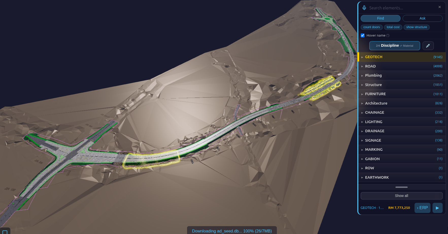 Find panel on the Discipline axis — GEOTECH lit along the whole corridor, with each discipline's count