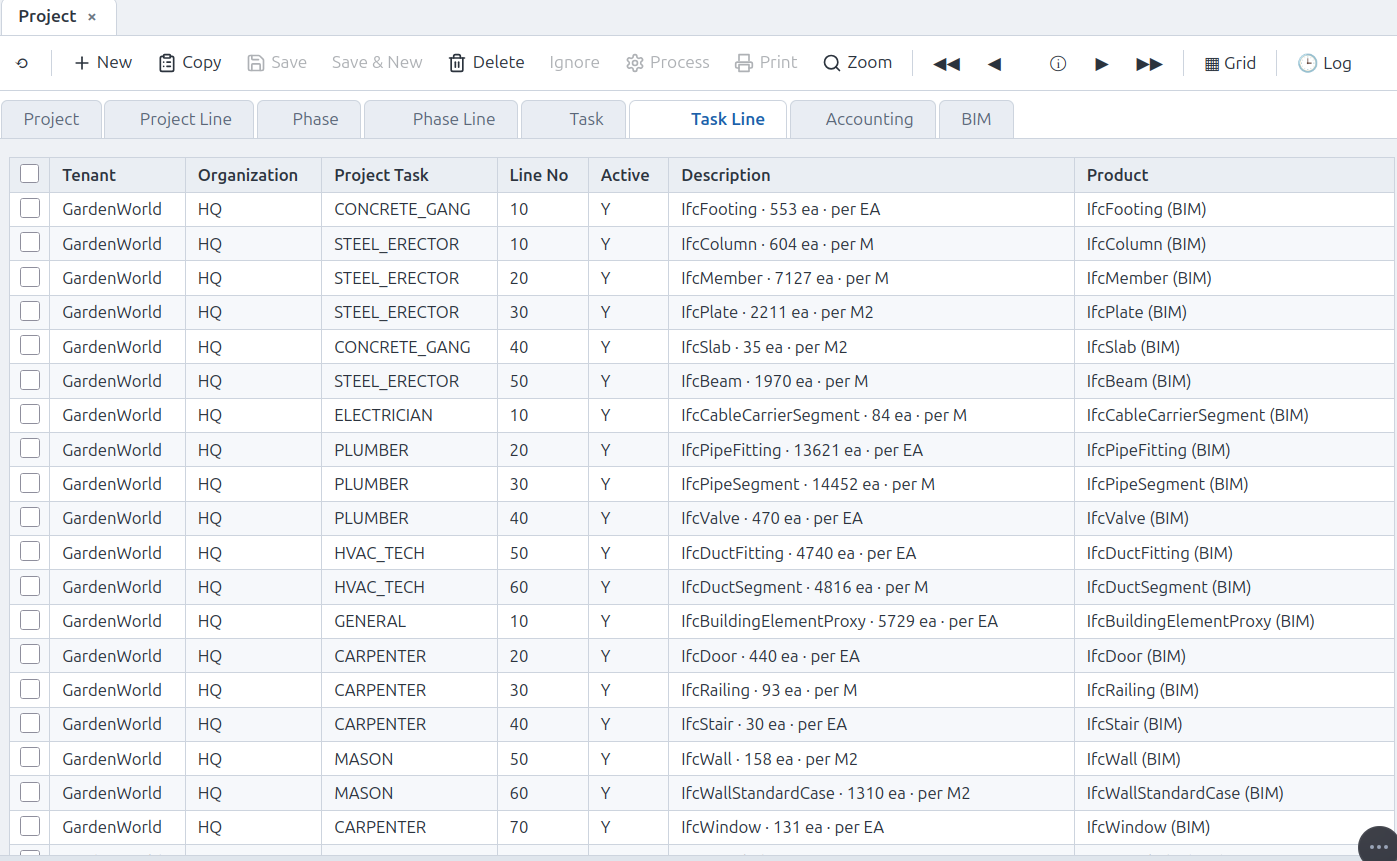 The pushed selection landed: iDempiere's standard Project window → **Task Line** tab, every trade folded as a real C_ProjectLine — Concrete Gang, Steel Erector, Electrician, Plumber, HVAC Tech, Mason, Carpenter — each with its description, quantity, and product. What you picked in 3D is now work in the ERP, in native windows, round-trip complete.
