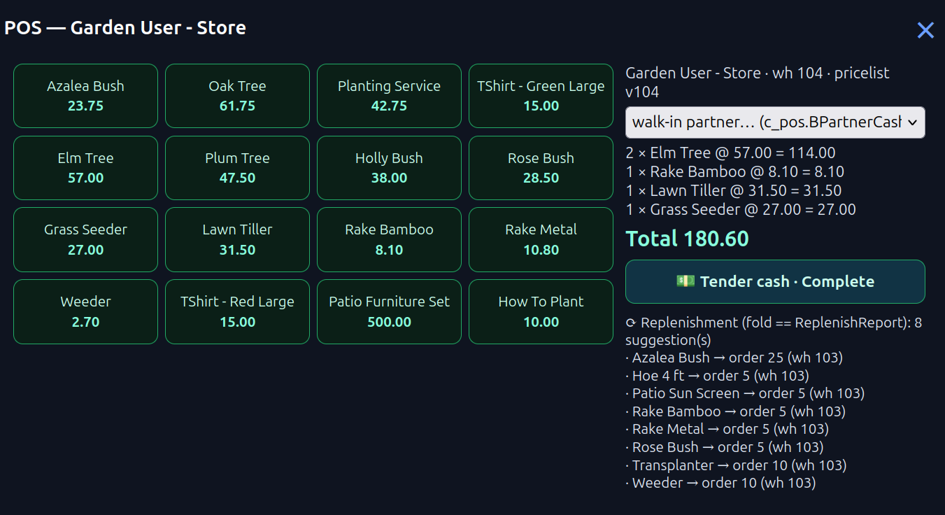 POS — Garden User · Store: product grid left, live cart right, replenishment suggestions below