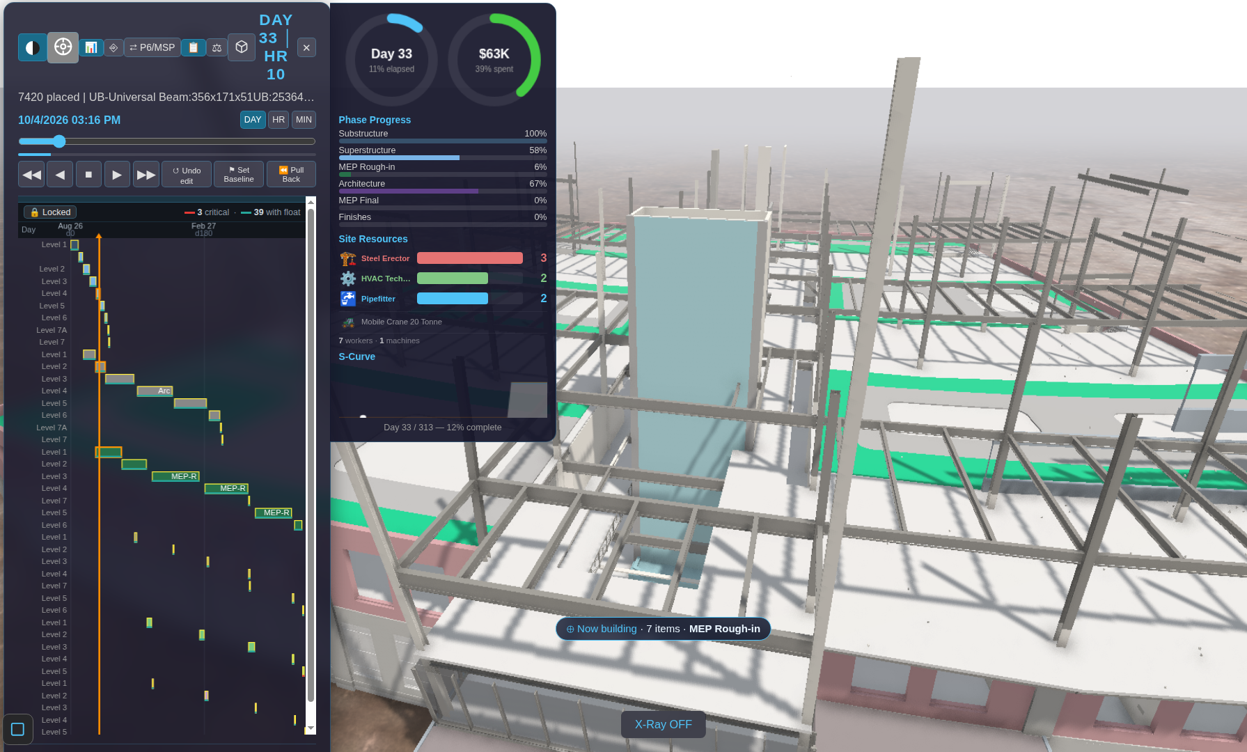 The Time Machine mid-construction on a real steel-framed structure, Gantt drawer and dashboard both open at once β left: the **locked** Gantt (padlock icon), per-level rows across phases, critical path in red (3 critical), float in teal (39 with float), **Undo edit / Set Baseline / Pull Back** on the transport row; right: the dashboard reading **Day 33 | Hr 10, $63K / 39% spent**, **Phase Progress** (Substructure 100%, Superstructure 58%, MEP Rough-in 6%, Architecture 67%, MEP Final 0%, Finishes 0%), **Site Resources** (Steel Erector, HVAC Tech, Pipefitter, one Mobile Crane 20 Tonne β 7 workers / 1 machine), and the **S-Curve**, footer *Day 33/313 β 12% complete*; the 3D view shows the steel frame mid-build with green MEP rough-in ducting/piping threaded through it and a **"Now building Β· 7 items Β· MEP Rough-in"** callout. **Known residual, shown plainly, not cropped out:** a few diagonal/vertical steel members near the top-right of the frame read as disconnected β floating above the slab/frame below them instead of visibly landing on it. This is the support-relation edge case tracked in 4D_MODEL_INTEGRITY.md (a handful of elements whose true physical support isn't yet detected by the sequencing pass) β a known, minor, already-named limitation still being tracked, not a rendering bug and not hidden here.