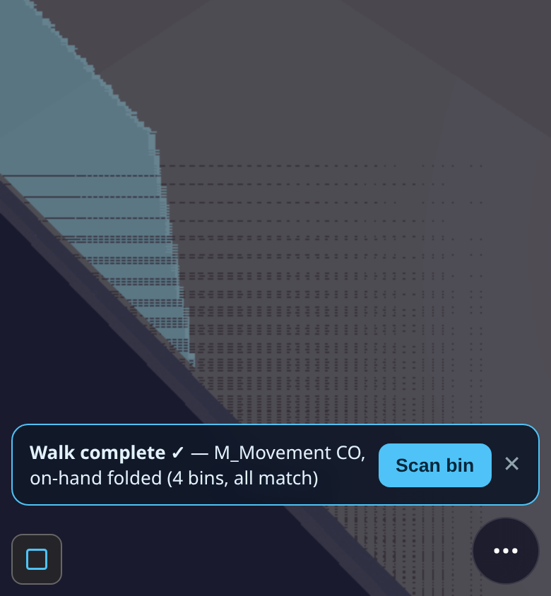 Walk complete on mobile — M_Movement CO, on-hand folded (4 bins, all match)