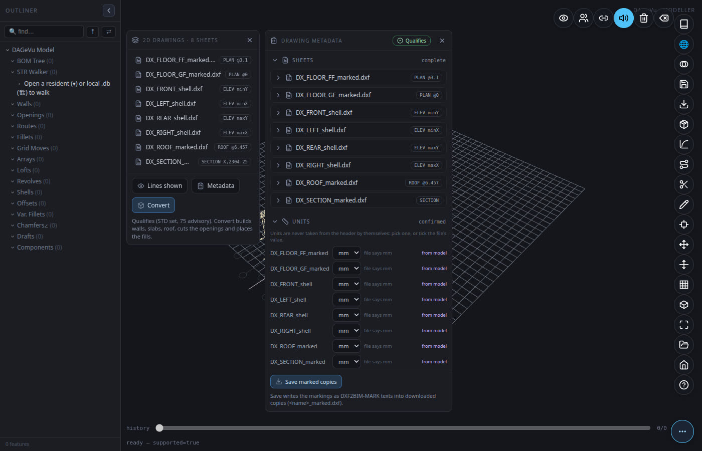 The 2D Drawings panel and the Drawing metadata editor, standard set loaded: verdict Qualifies