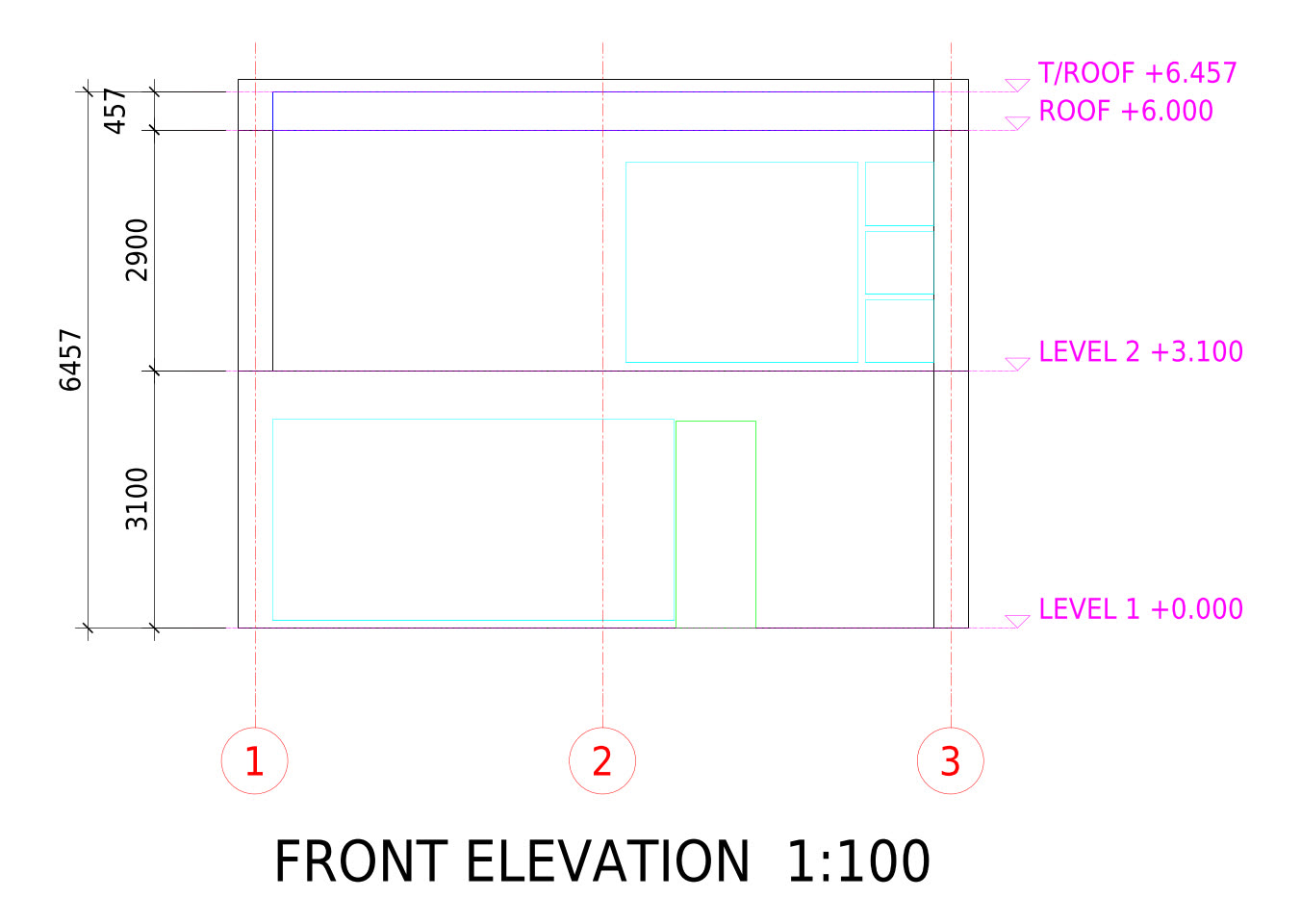 Front elevation with level datums