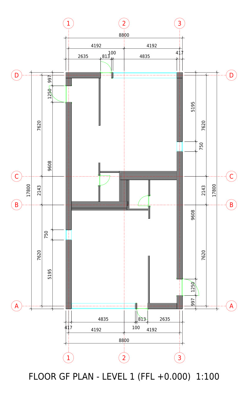 Ground floor plan from the standard writer: grid 1–3 / A–D, three dimension tiers, door swings and window sills