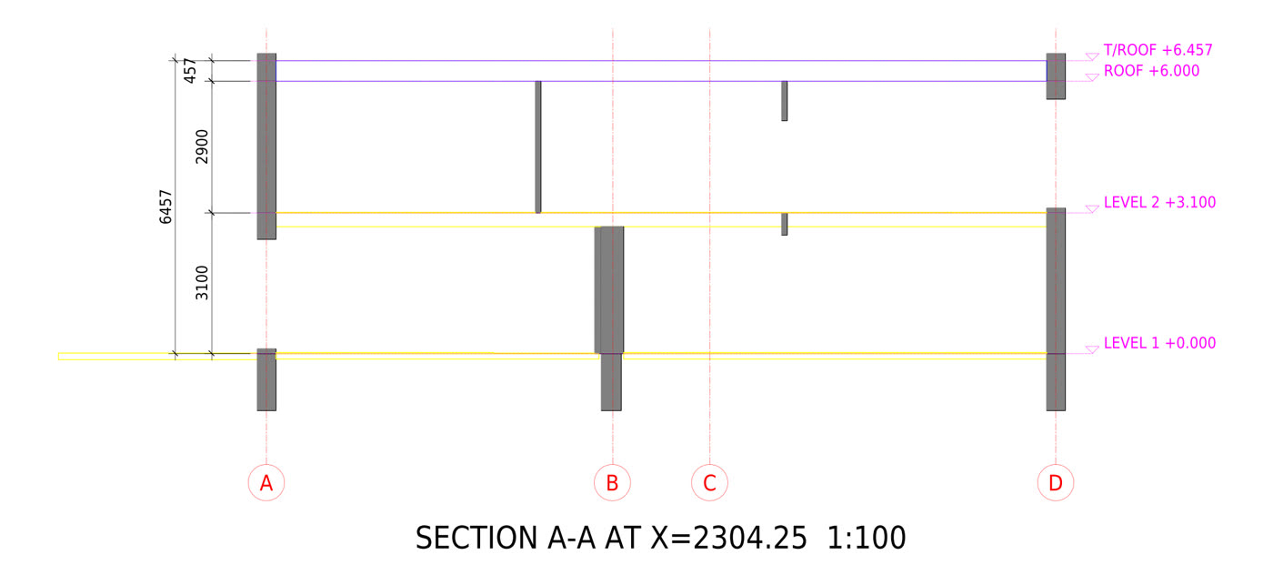 Building section through both storeys and the roof