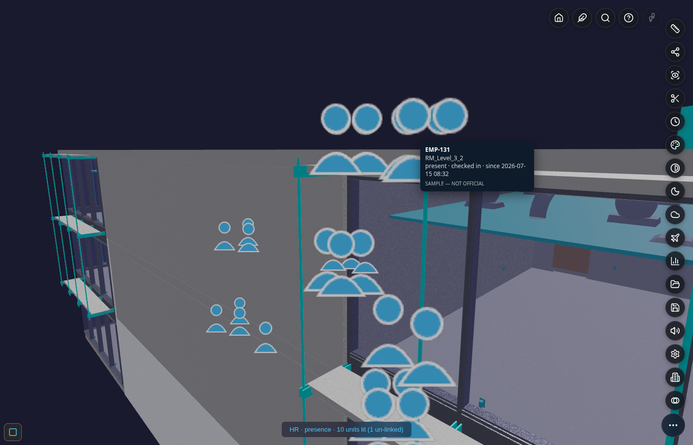Presence — avatars standing in the rooms where real check-ins placed them, at two LOD tiers (full figures nearby, mini domes further off), with a hover card reading "EMP-131 · RM_Level_3_2 · present · checked in · since 2026-07-15 08:32 · SAMPLE — NOT OFFICIAL"