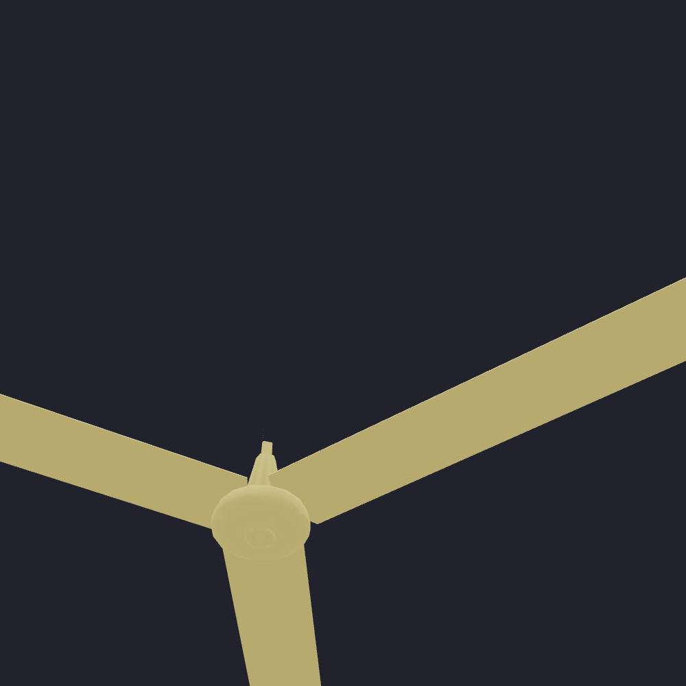 Close-up of a Duplex-walked ceiling fan β a real rule-mined LOD400 device mesh (motor housing, blades, mount stem), not a box stand-in