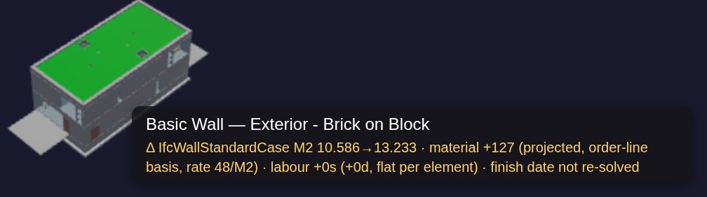 The Viewer's hover label for the same wall, with the same Δ line