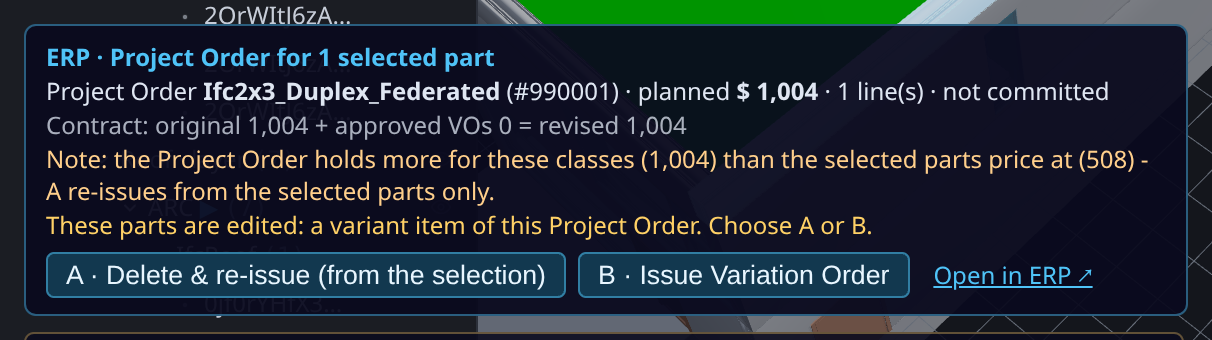 Panel: these parts are edited, a variant item of this Project Order — A delete and re-issue, B Variation Order