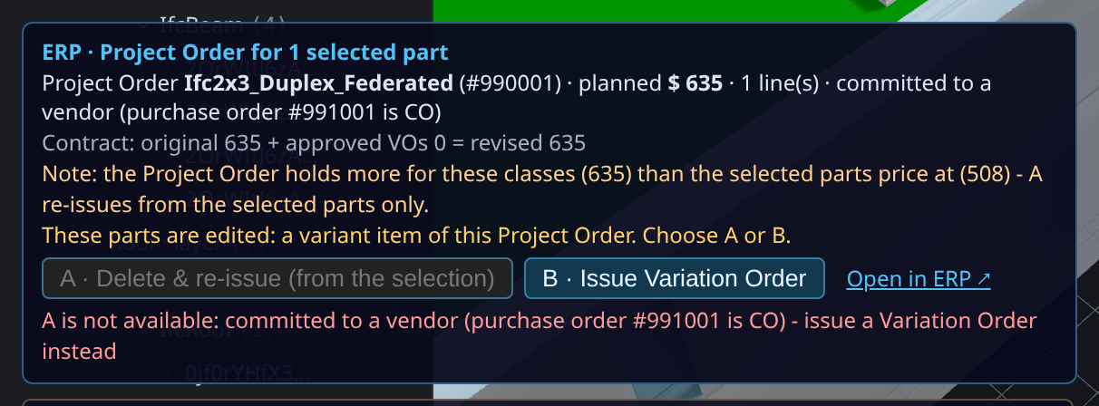 Panel: committed to a vendor — A disabled with its reason, B available