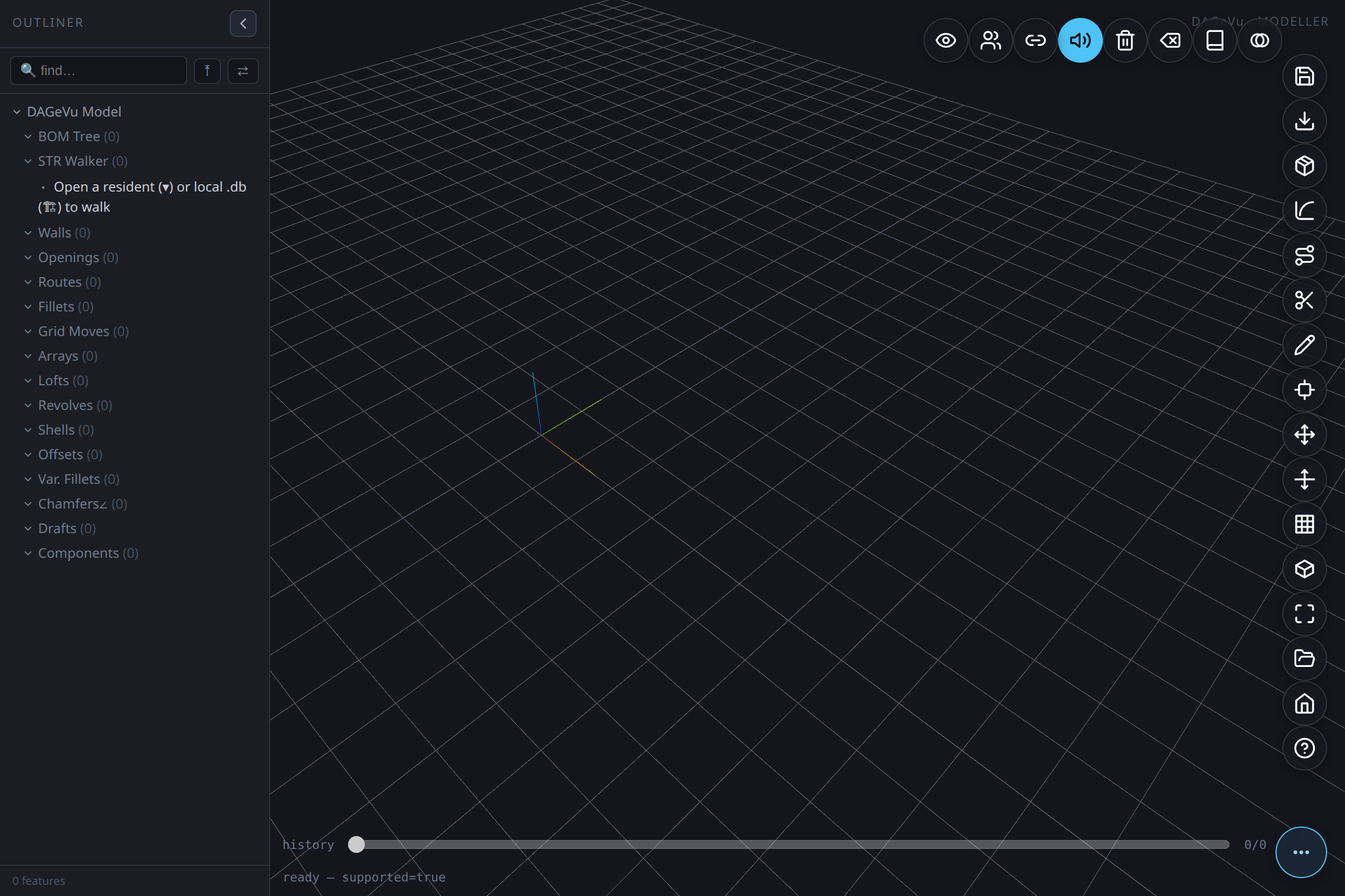 The Modeller just opened: empty grid, round buttons on the right, history slider at the bottom