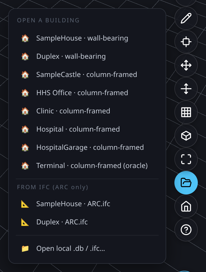 The Open list, with the folder button highlighted on the right