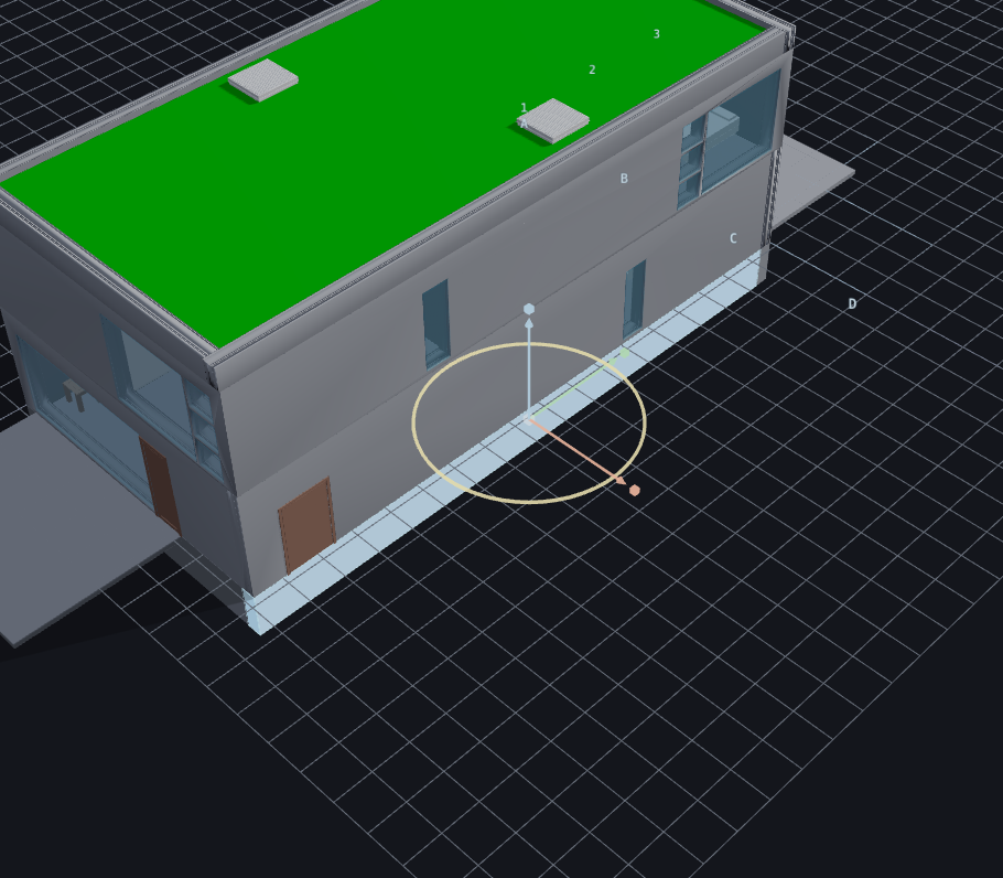The Move handles on the selected wall: red X arrow, green, blue, and the yellow ring