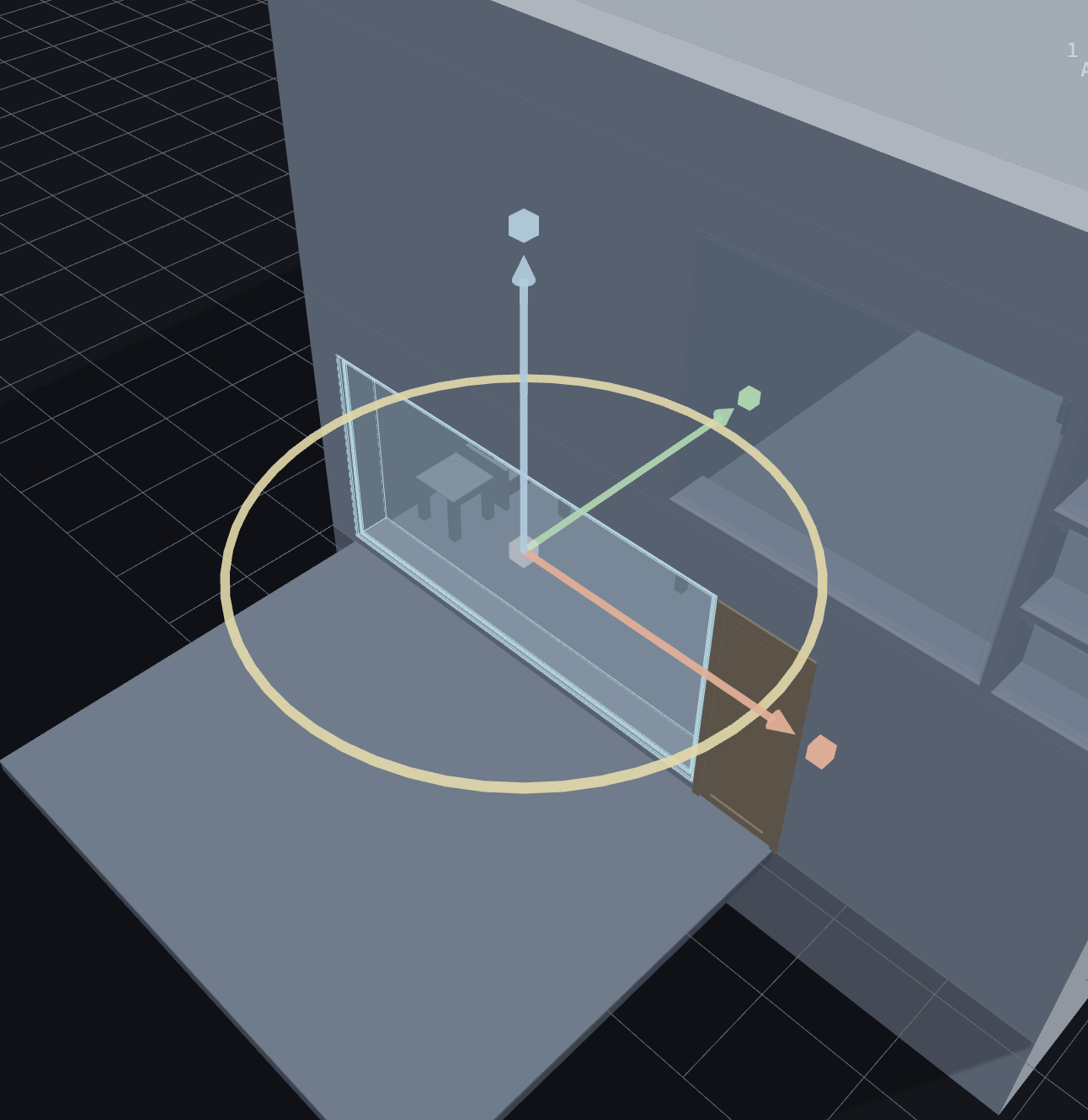 The transform gizmo on a selected element β XYZ arrows (move), cube handles (scale), yaw ring (rotate)