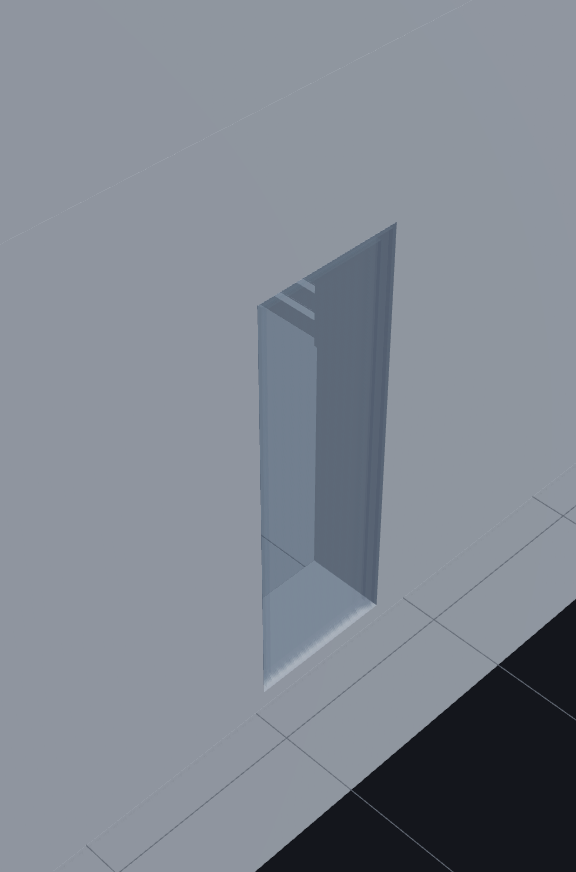 A Duplex window rendered as real transparent glass, recessed into its wall opening β not an opaque panel