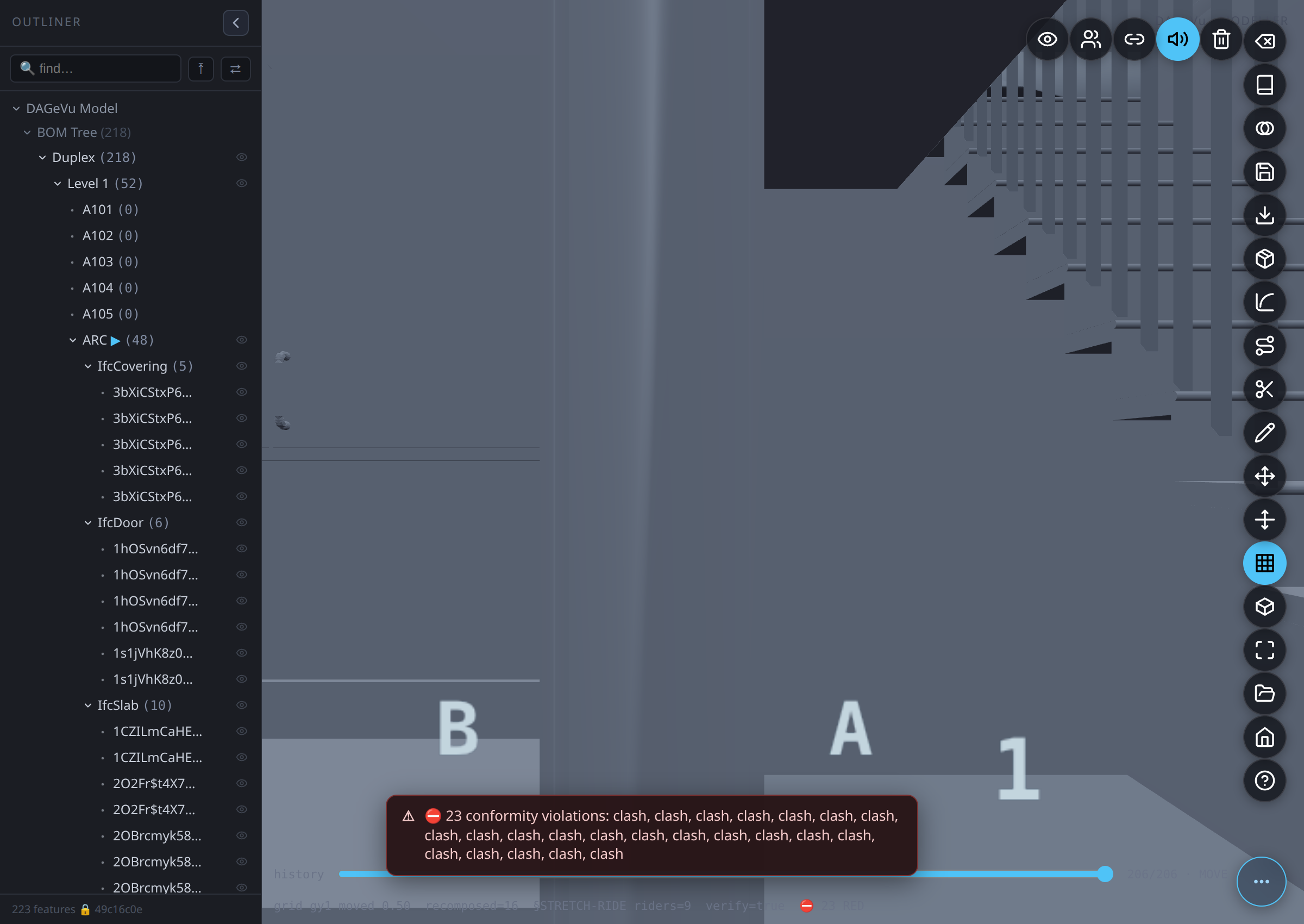 After β gridline "2" dragged 0.5 m for real: 16 elements recomposed, 9 hosted doors rode, the conformity gate flags the resulting clashes live in the status line