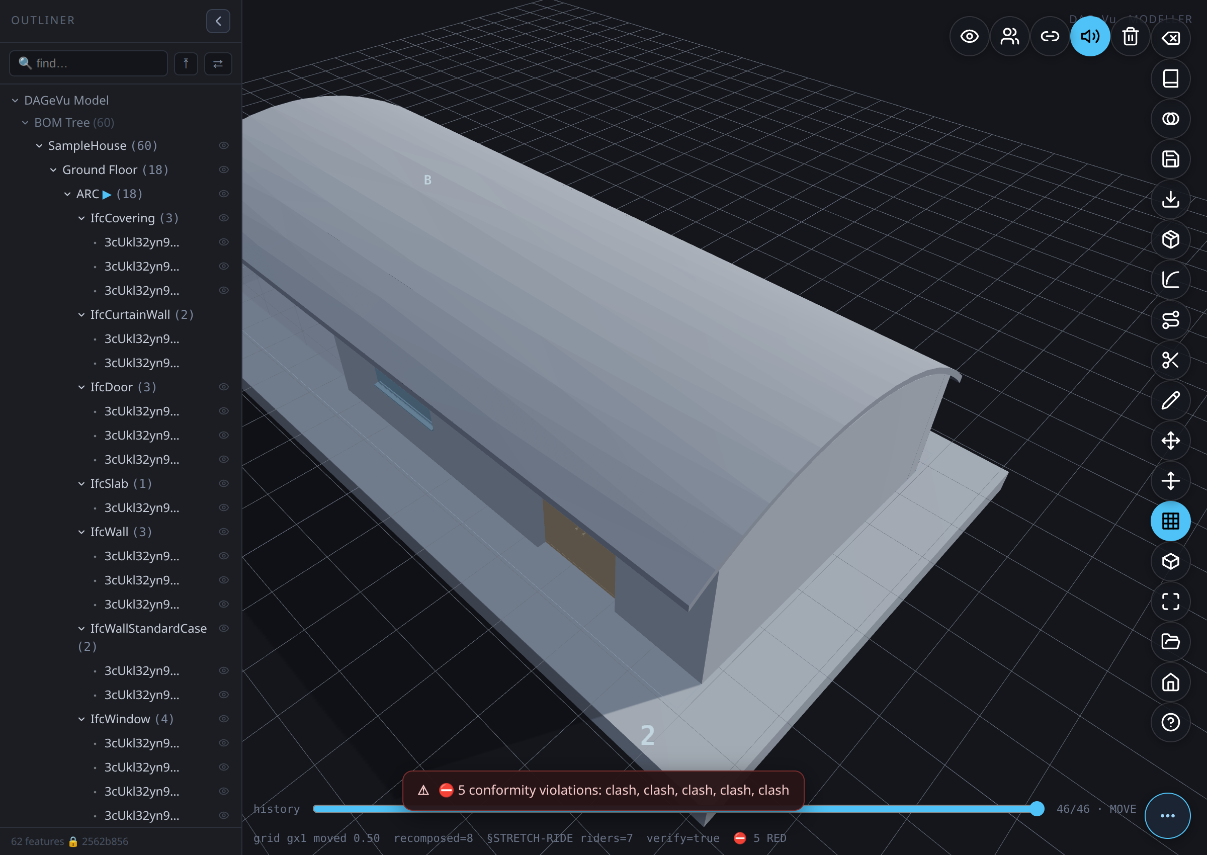 The roof stretched 0.5 m along with the wall it sits on β gridline "2" dragged for real on SampleHouse