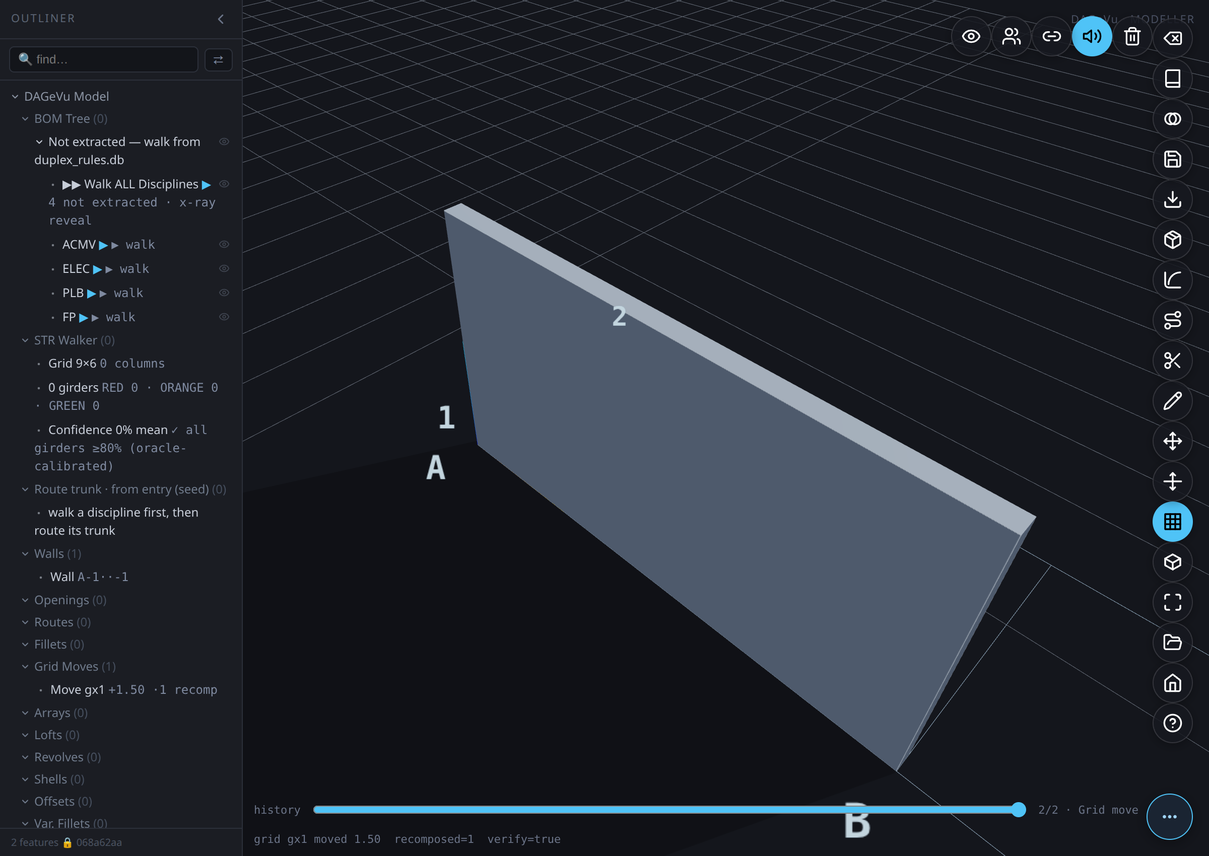 After β dragging the gridline stretched the attached wall by exactly the drag distance