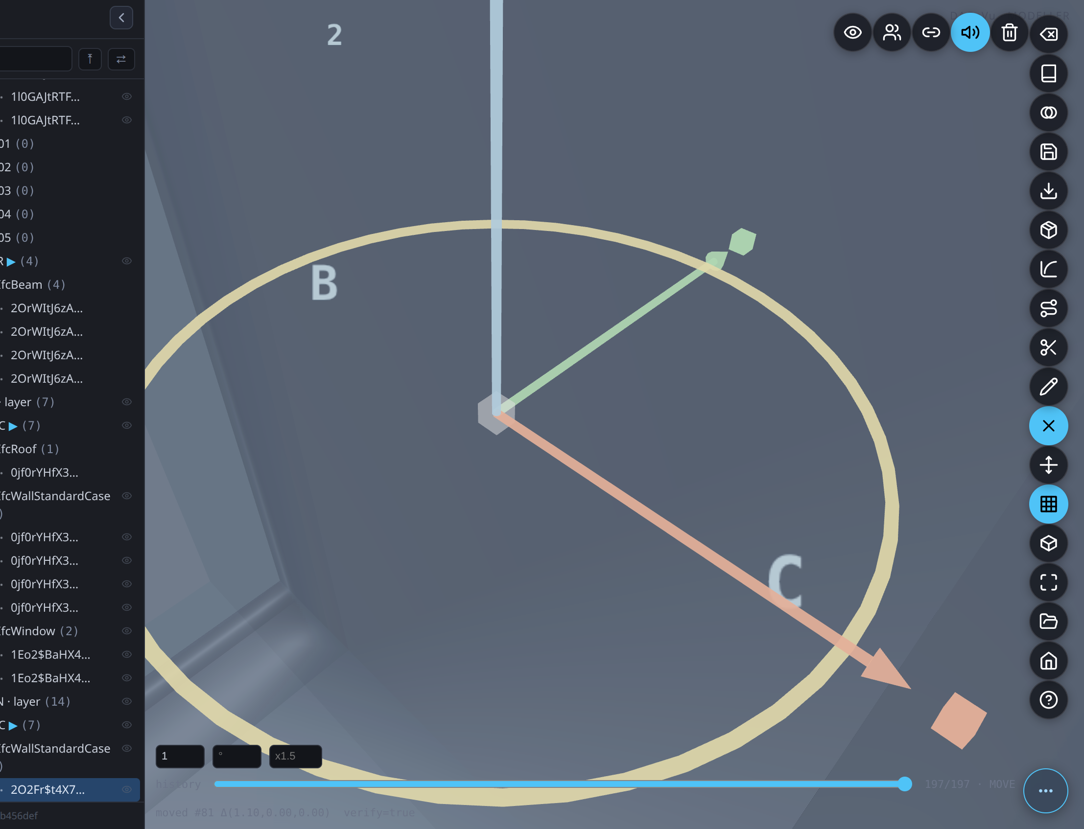 Move engaged on a selected element β dragging the X arrow moves it on that axis only (the commit is X-only, exact, reversible)