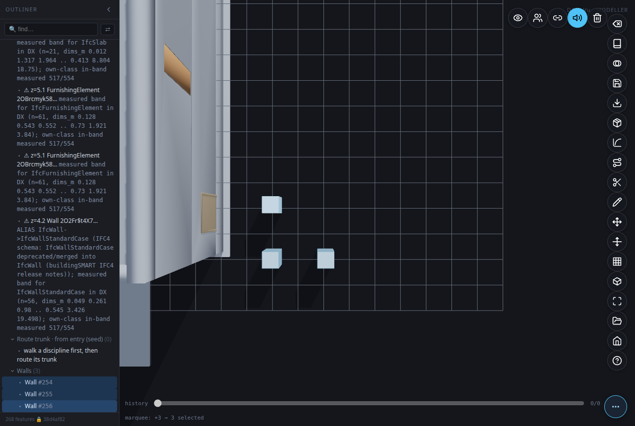 Shift-drag marquee over three elements β all three highlight and the status line reads the new selection count