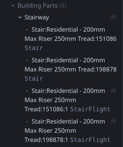 The Outliner's Building Parts category expanded on Duplex β Stairway holding its 2 real IfcStair elements plus their 2 IfcStairFlight children