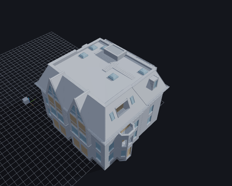 SampleCastle opened as its bare ARC twin β the largest of the residential-class buildings the tables below cover, 7 storeys / 3,621 features in the Outliner's BOM tree, real per-element geometry (dormers, window frames, skylights), before any walk
