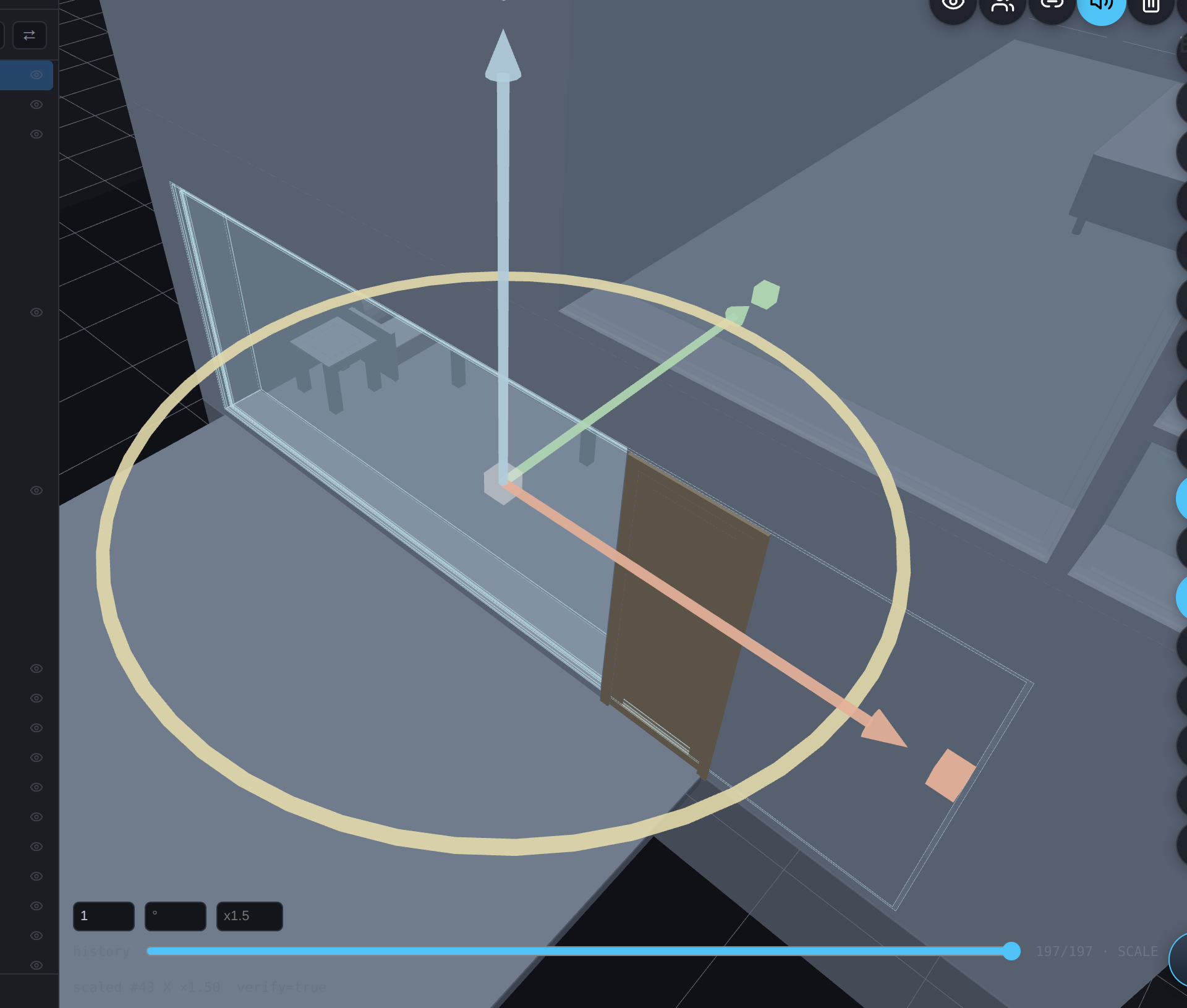 Scale β dragging the cube handle stretched the element; the status line reads the signed factor