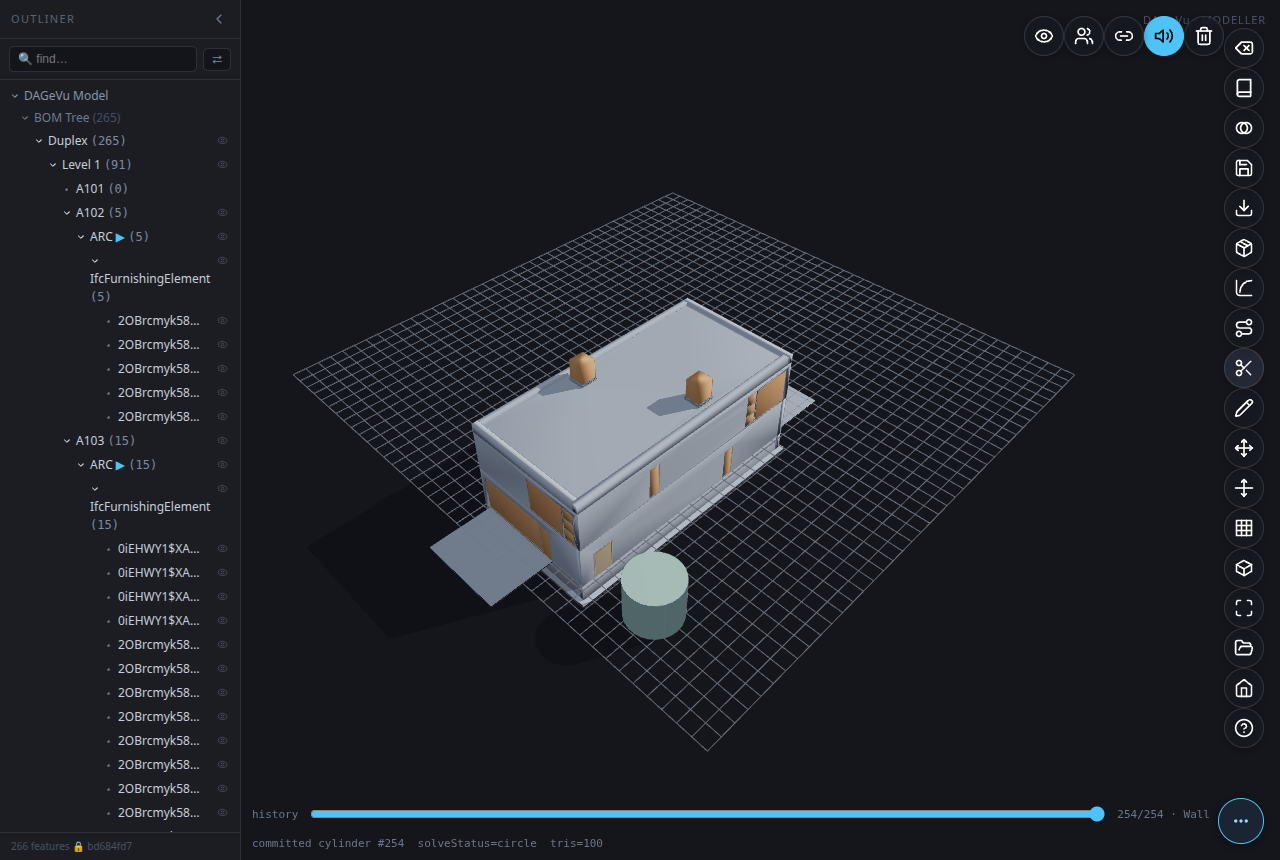 Extrude on a circle profile β a real cylinder standing next to the building, not an approximated polygon
