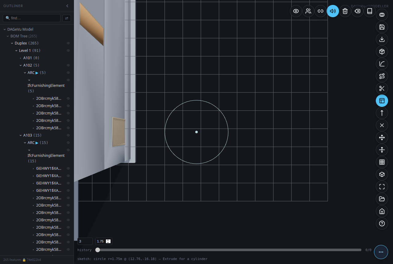 Circle mode β centre clicked, radius set to 1.75m either by the second click or by typing it