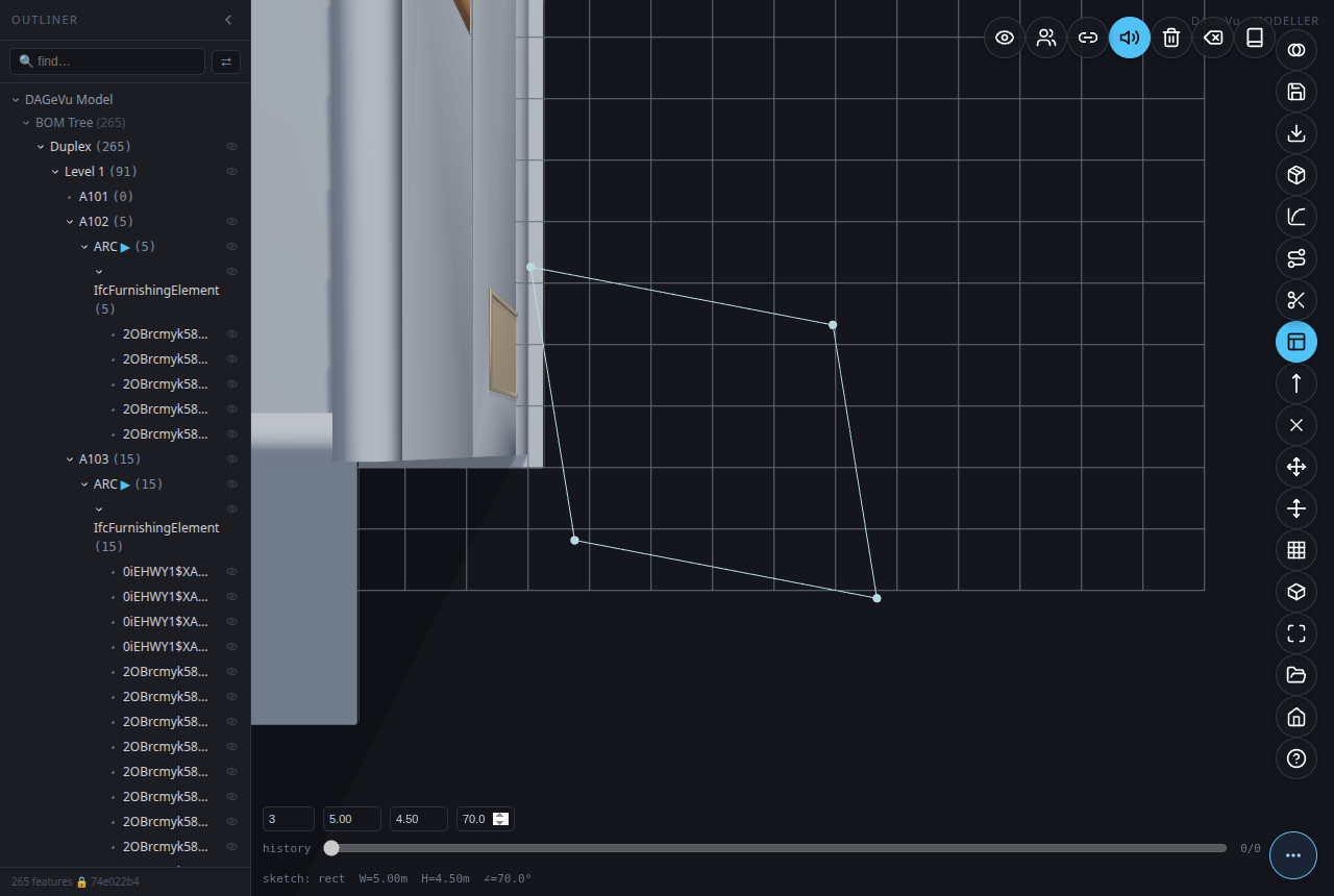 The same sketch after typing a new width, height, and a 70Β° corner angle β one number changes the whole shape