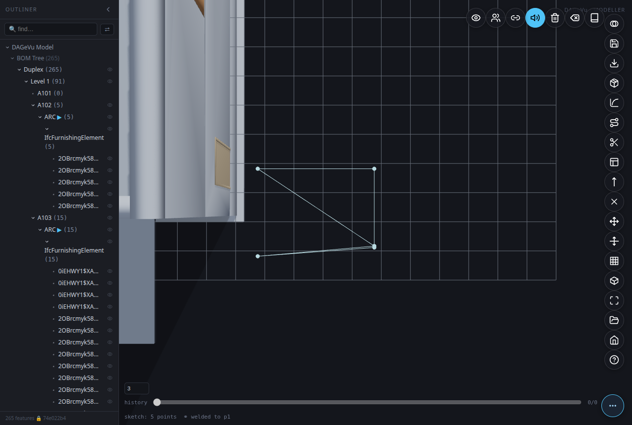 A 5-click L-shape where the last click landed near the 2nd point β welded exactly onto it, not a stray near-duplicate