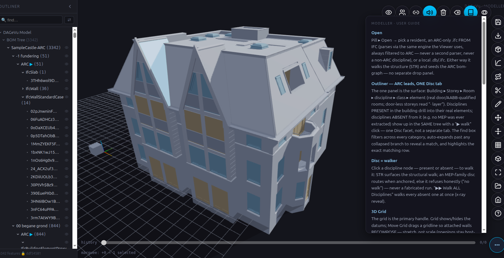 The modeller workspace: the Outliner (left) over the BOM tree, the ARC building on the grid, the β― pill toolbar down the right edge, and the history scrubber along the bottom