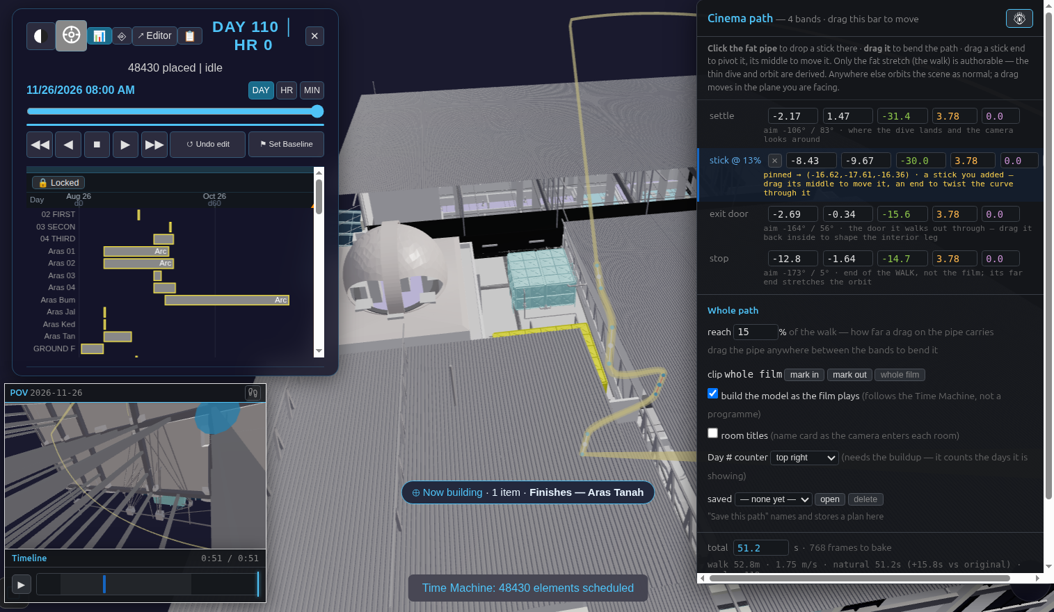 Walk finger mode's result the moment Spacebar was hit — the Cinema path panel now lists a highlighted "stick @ 13%" row with its pinned aim coordinates, the same stick's blue middle dot visible on the yellow flight tube in canvas just left of the panel, the POV frame bottom-left still showing the walker's own view, and the Time Machine's construction timeline still running top-left