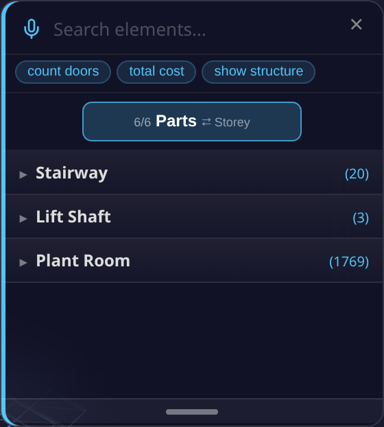 The axis toggle cycled to Parts on HHS Office ("6/6 Parts"), a real institutional-scale building showing all three categories at once: Stairway (20), Lift Shaft (3), and Plant Room (1769) — Plant Room only appears on complex-class buildings like this one, never on a residential building like Duplex