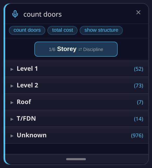 The query box with "count doors" typed — this recognized phrase does not filter the tree below it; pressing Enter runs the query