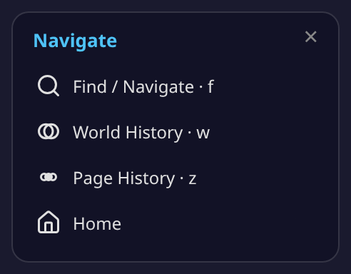The Navigate drawer open, showing the Find / Navigate row at the top with its "f" shortcut