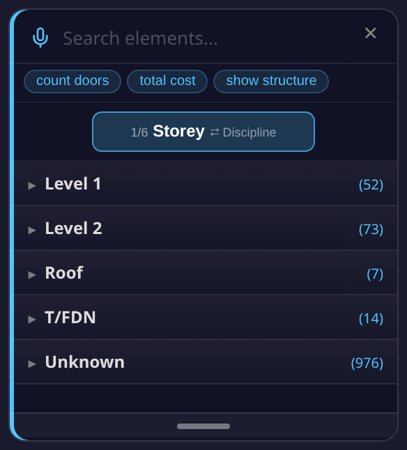 The Find panel just opened on Duplex — "Search elements…" search bar, three example query chips, and the axis toggle reading "1/6 Storey"