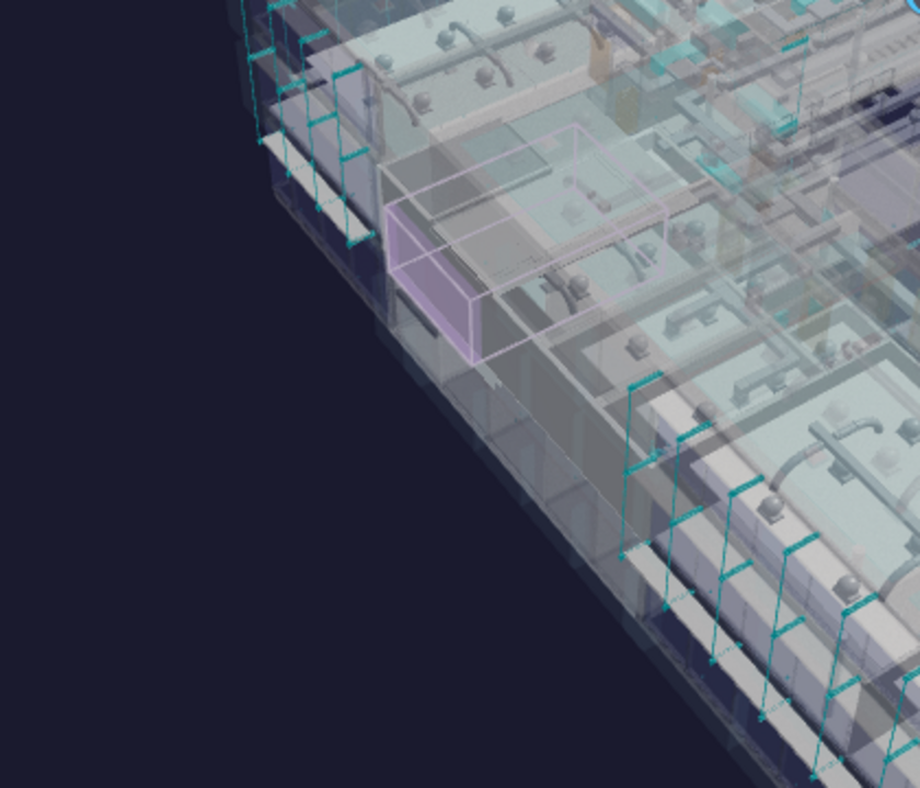 A single real room on HHS Office Level 2, X-rayed and highlighted as a clean translucent purple box against the surrounding structure — SAMPLE, HHS_Office_Federated data